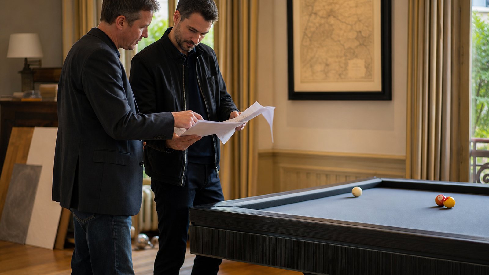 Concepteur présentant un croquis de billard sur mesure à un client lors d'un premier rendez-vous