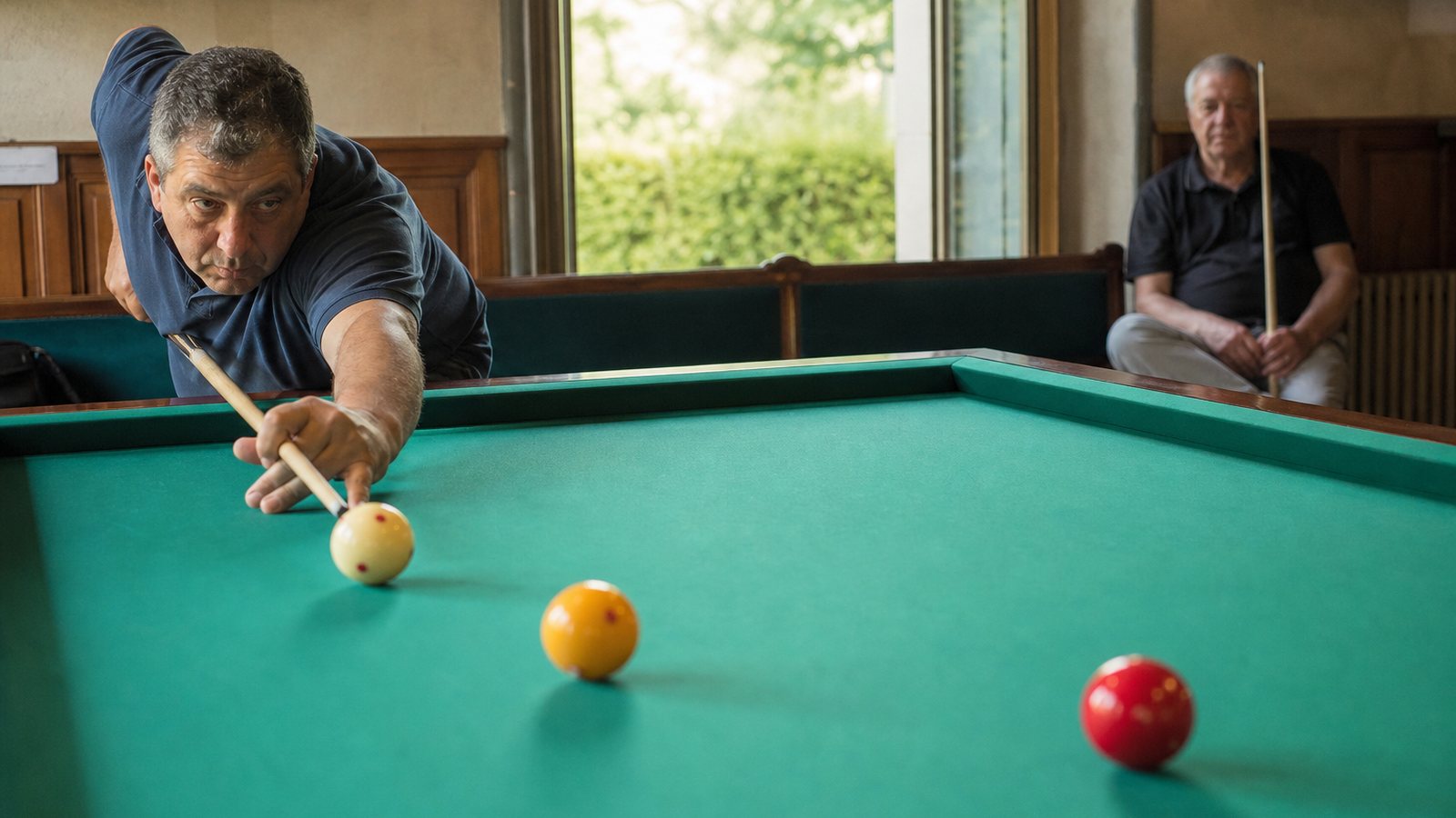 Billard français au tapis vert sans poche, billes rangées pour une partie de carambole