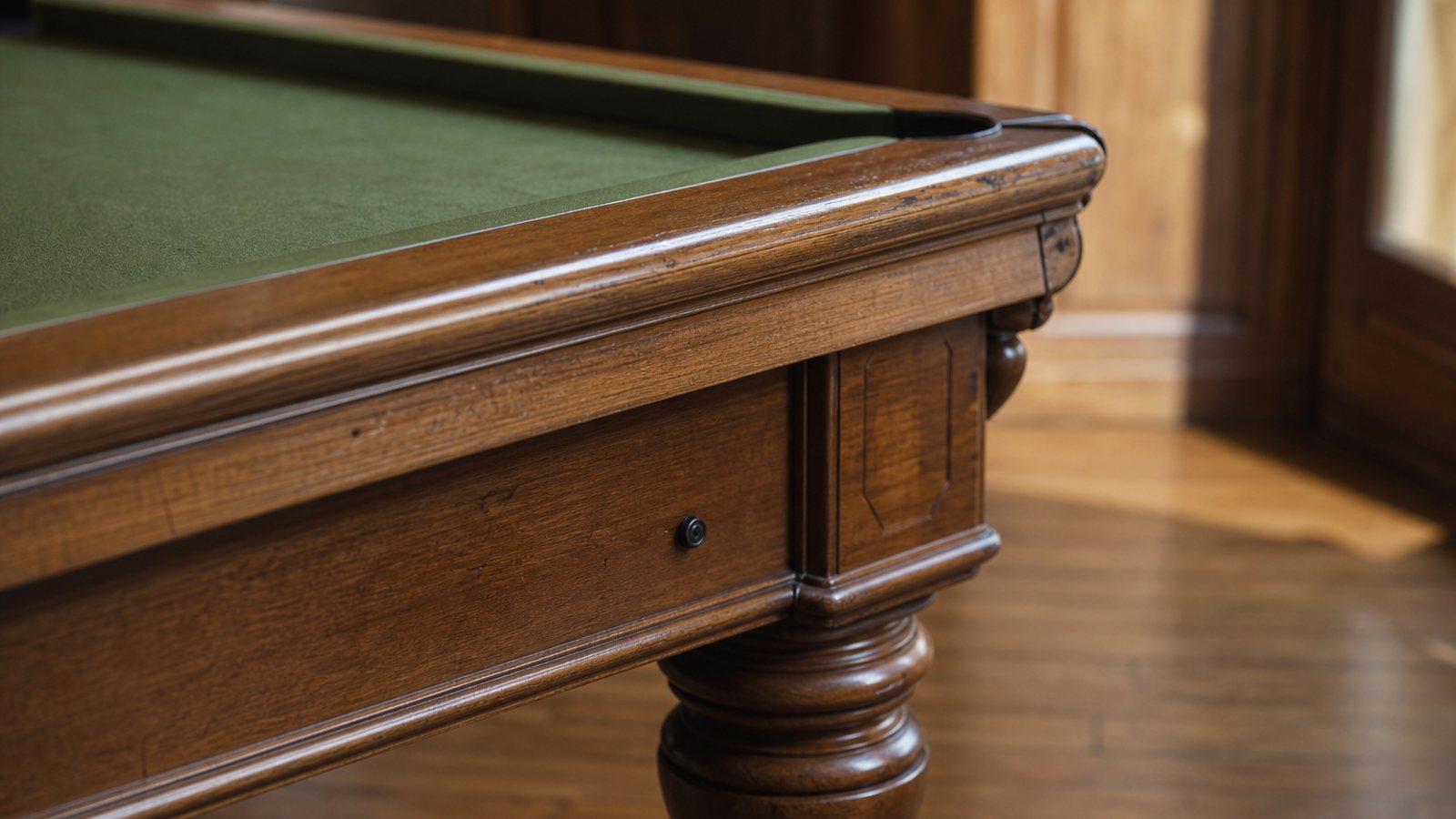 Détail d'un billard en bois massif montrant l'ardoise et le tapis de laine tendu